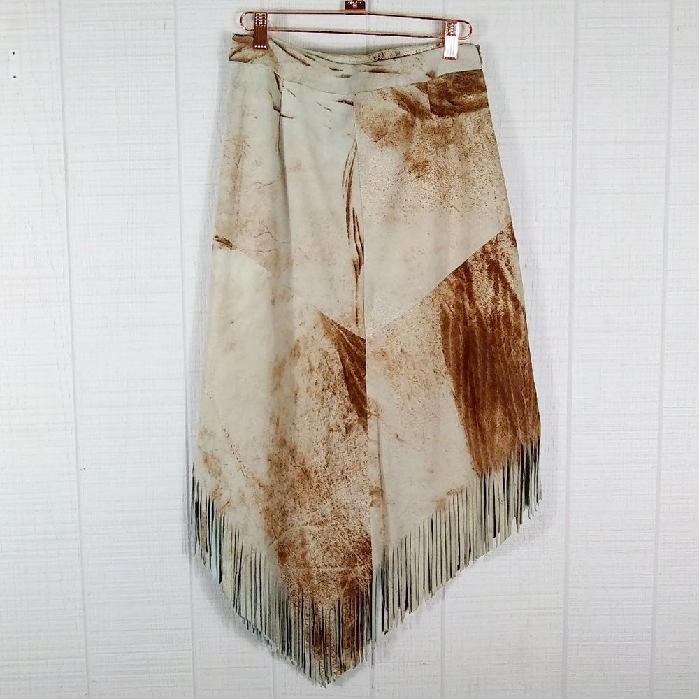 Vintage Suede Leather Asymmetrical Skirt with Fringe Made in Italy